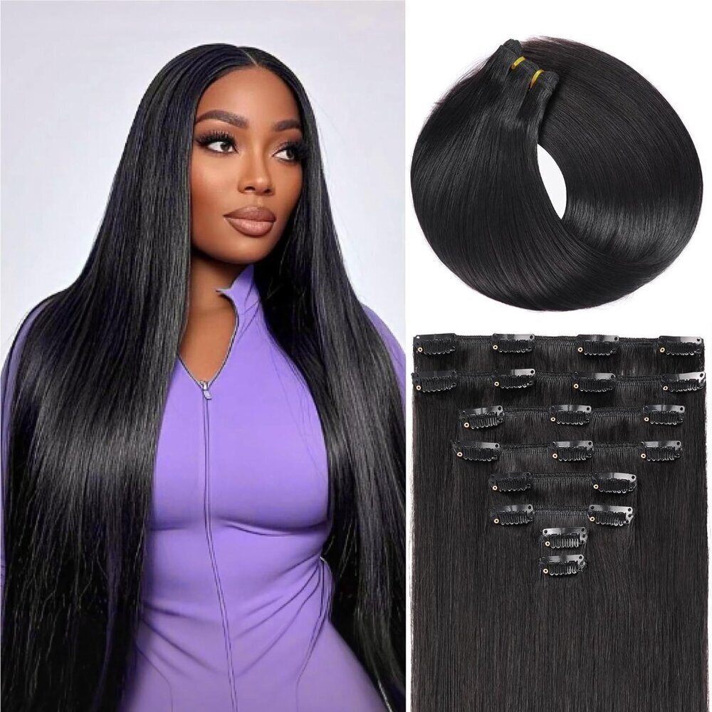 Clip in Hair Extensions Human Hair 20Inch Natural Black Straight Convenience